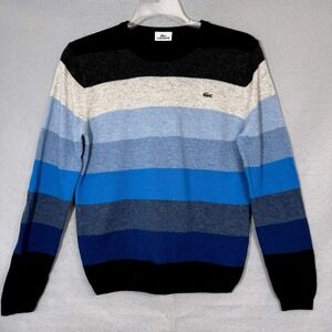 Lacoste Mens Striped Pure New Wool Crewneck Sweater Blue Grey Black Size 3 S